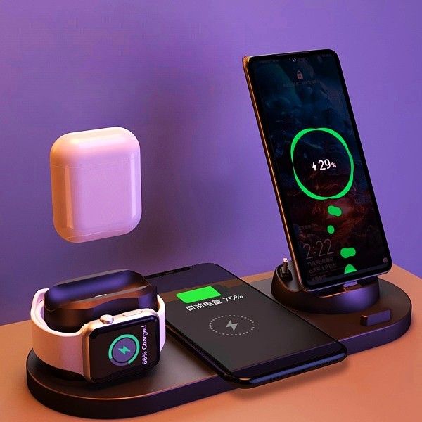 "Wireless charging station for phone, smartwatch, and earbuds on desk, enhancing productivity and minimizing clutter."