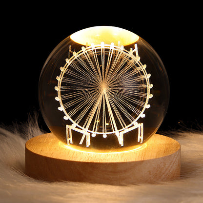 3D Ferris Wheel LED Galaxy Crystal Ball Night Light on Wooden Base