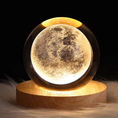 3D Galaxy Crystal Ball LED Night Light with Moon Design on Wooden Base for Magical Home Decor