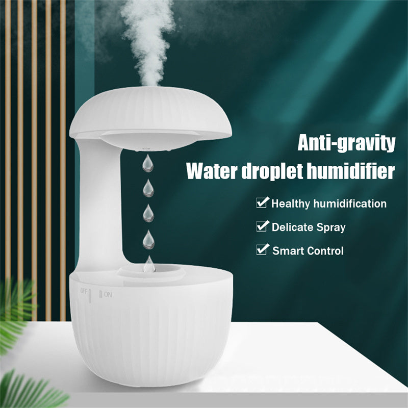 Anti-gravity air humidifier with levitating water droplets and mist, featuring healthy humidification, delicate spray, and smart control.