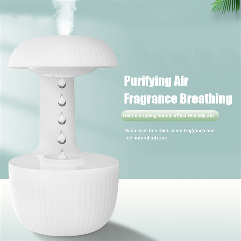 Anti-gravity air humidifier with levitating water drops and purifying mist for fragrance breathing and stress relief.