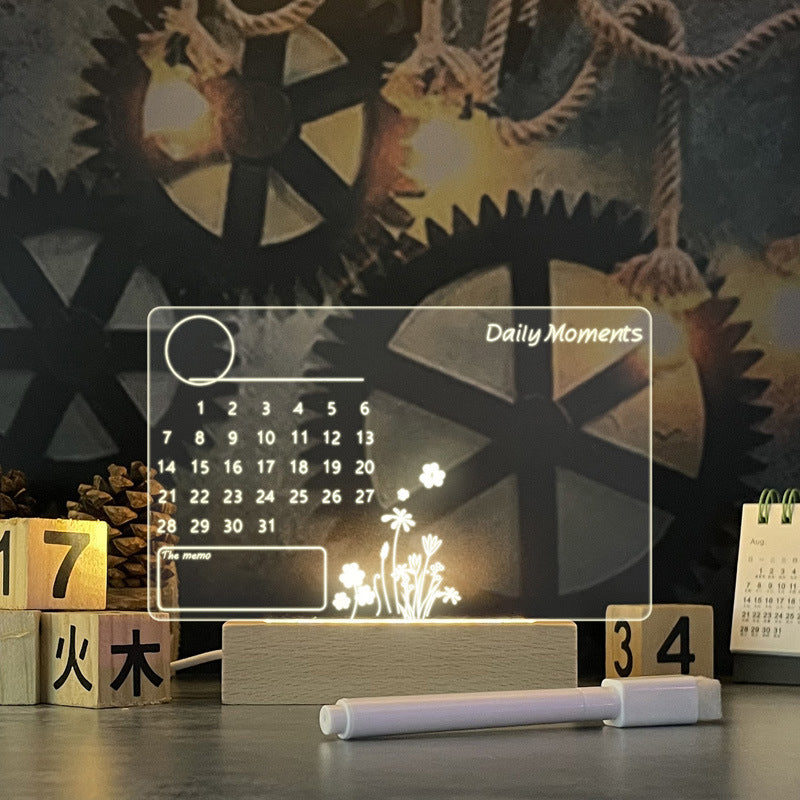 Creative LED night light message board with calendar design, glowing acrylic panel, perfect for notes, reminders, and decoration.