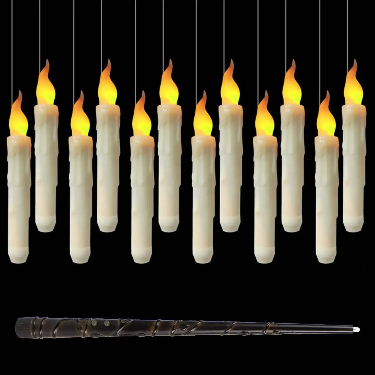 12pc Floating LED Candles Halloween Decoration Magic Wand Remote Control Long Pole With Hook Christmas Party Decor Candle Lights