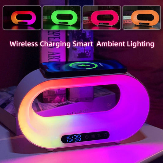 3-In-1 LED Night Light APP Control RGB Atmosphere - Desk Lamp, Wireless Charger & Alarm Clock