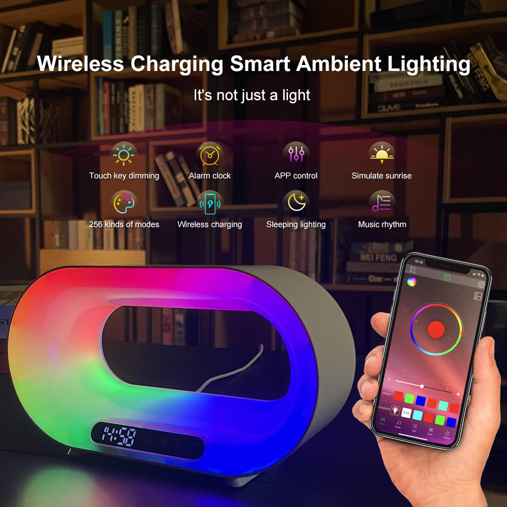 3-In-1 LED Night Light APP Control RGB Atmosphere - Desk Lamp, Wireless Charger & Alarm Clock