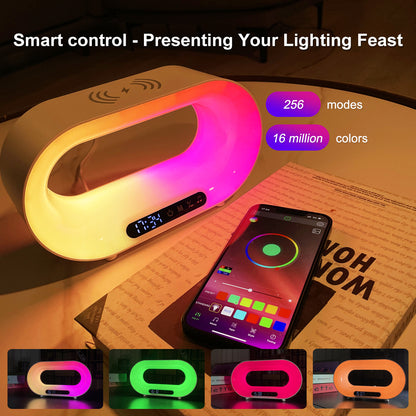 3-In-1 LED Night Light APP Control RGB Atmosphere - Desk Lamp, Wireless Charger & Alarm Clock