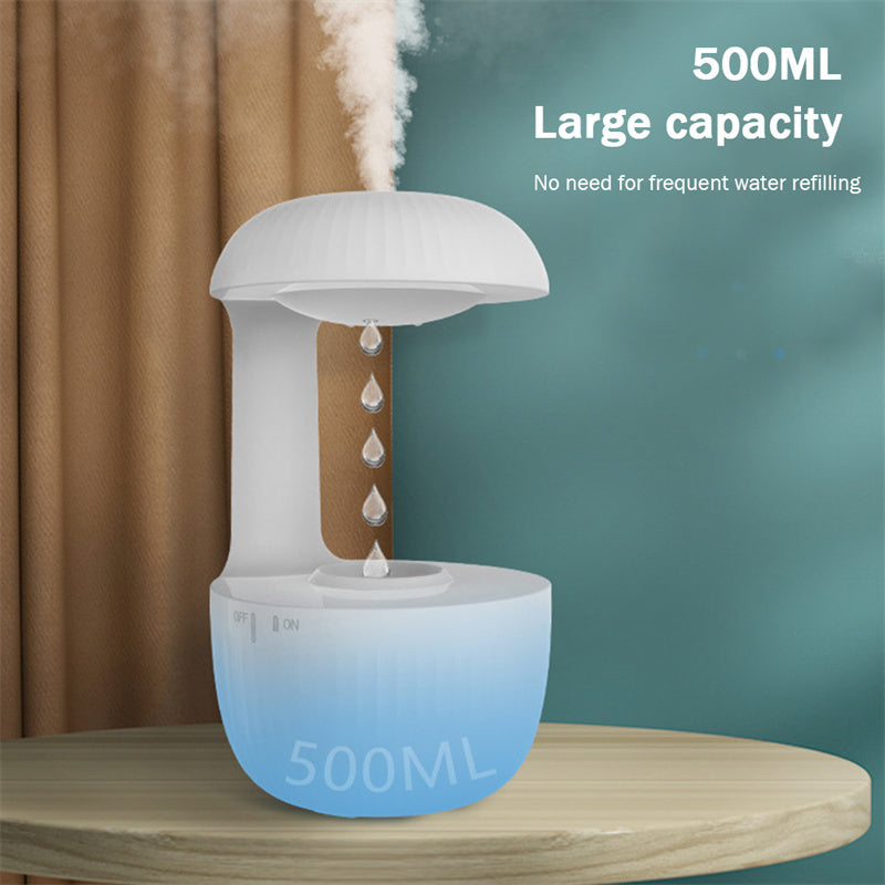 Anti-gravity air humidifier with 500ml capacity showcasing levitating water drops and mist release in a stylish design.