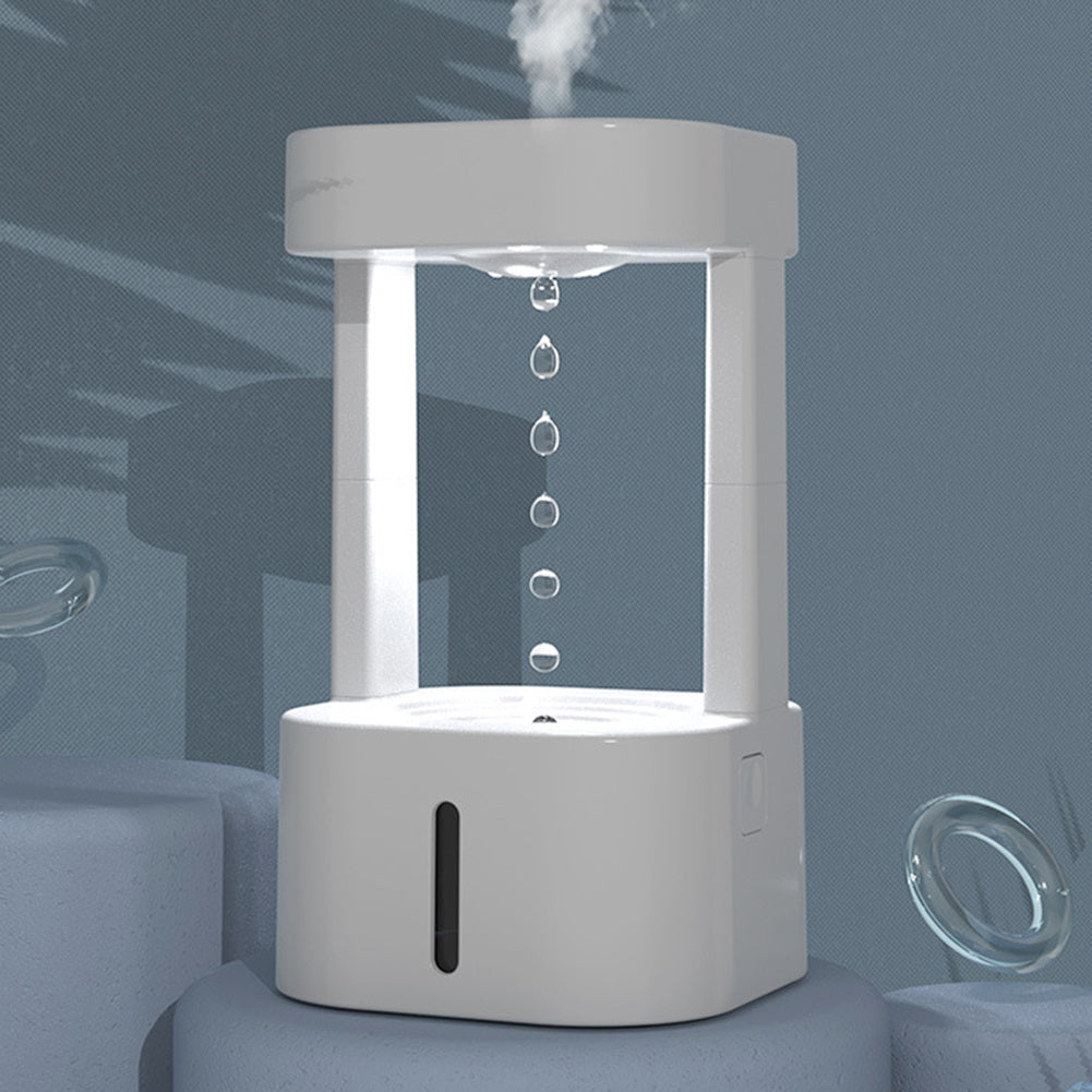 Anti-gravity water drop humidifier with 580ML tank and nano mist, white design for quiet bedroom or office use.