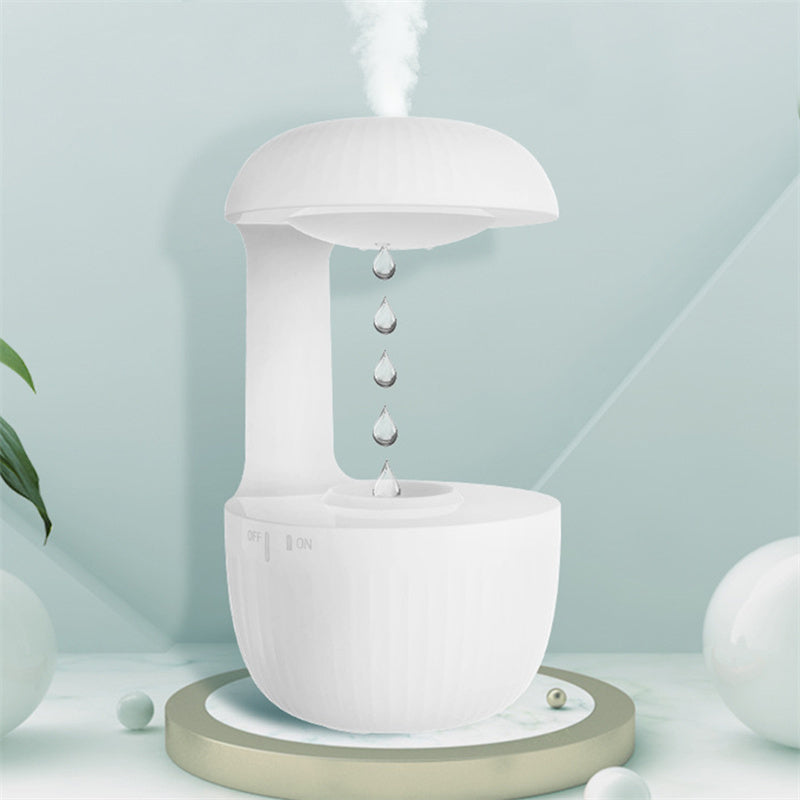 Anti-gravity air humidifier with levitating water drops and cool mist for stress relief and pure air.