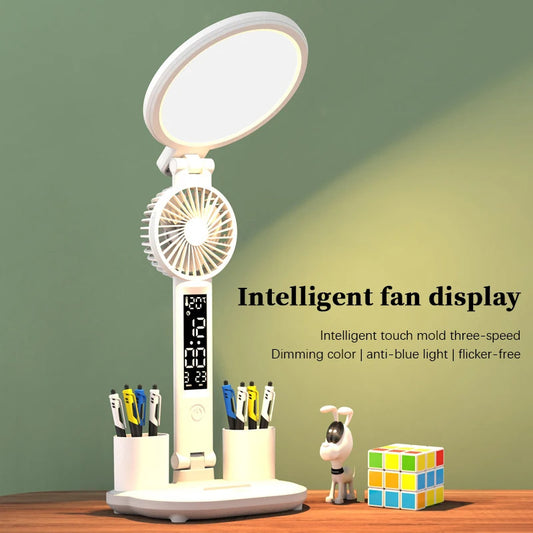 3-in-1 Desk Lamp with Adjustable Brightness, Fan & Clock